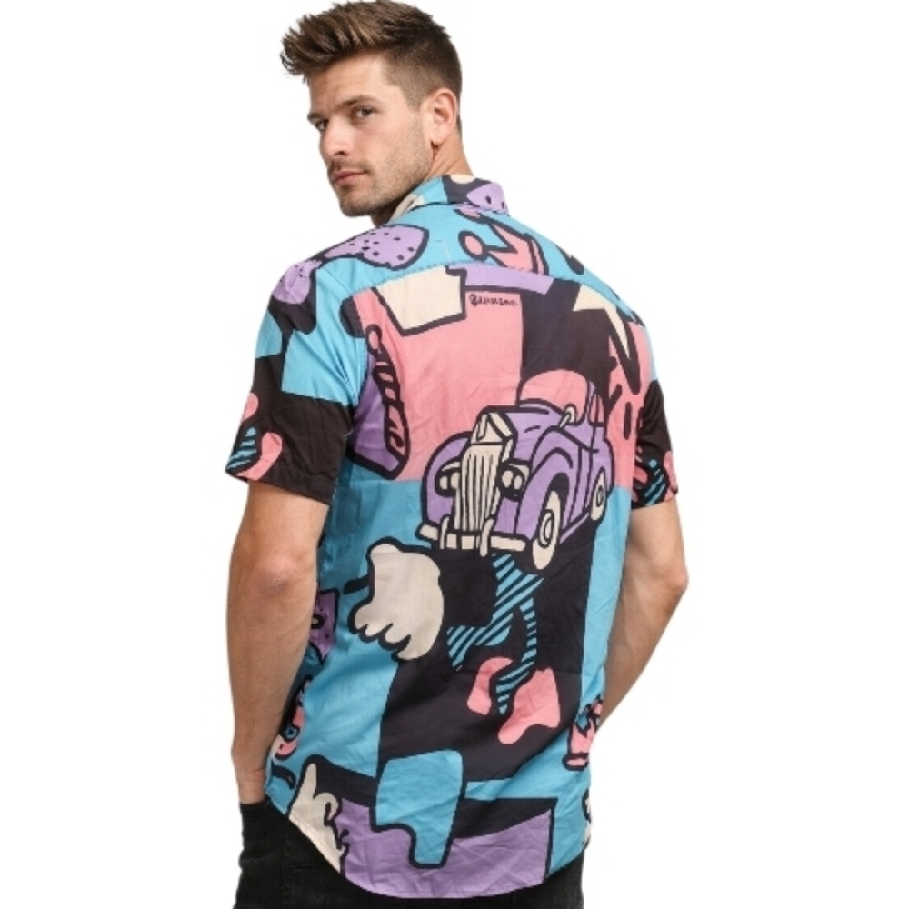 Reason casul Blue pink Purple party block Graphic button up short sleeve Shirt S